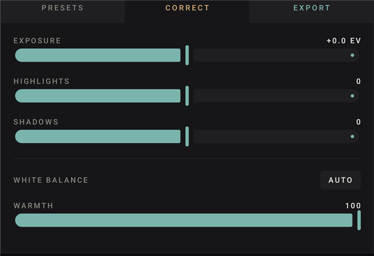 Correct panel with exposure, highlights, shadows, and white balance sliders working on RAW data