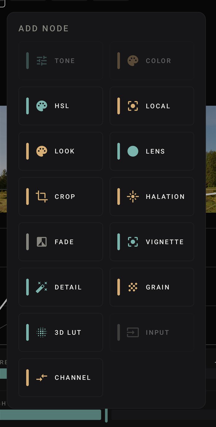Add-node catalog listing tone, color, HSL, local, look, lens, crop, halation, fade, vignette, detail, grain, 3D LUT, and channel nodes