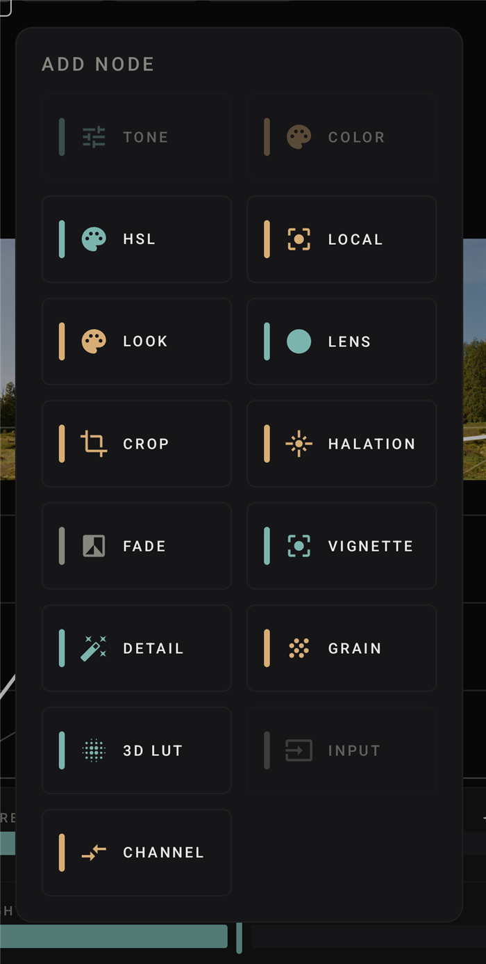 Add-node catalog listing tone, color, HSL, local, look, lens, crop, halation, fade, vignette, detail, grain, 3D LUT, and channel nodes