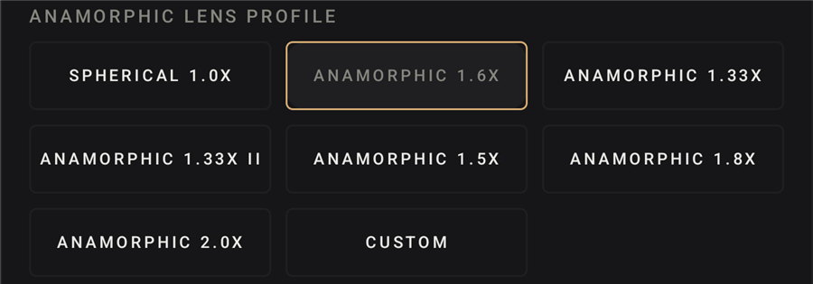 Anamorphic lens profile picker: spherical, six squeezes from 1.33x to 2x, and custom