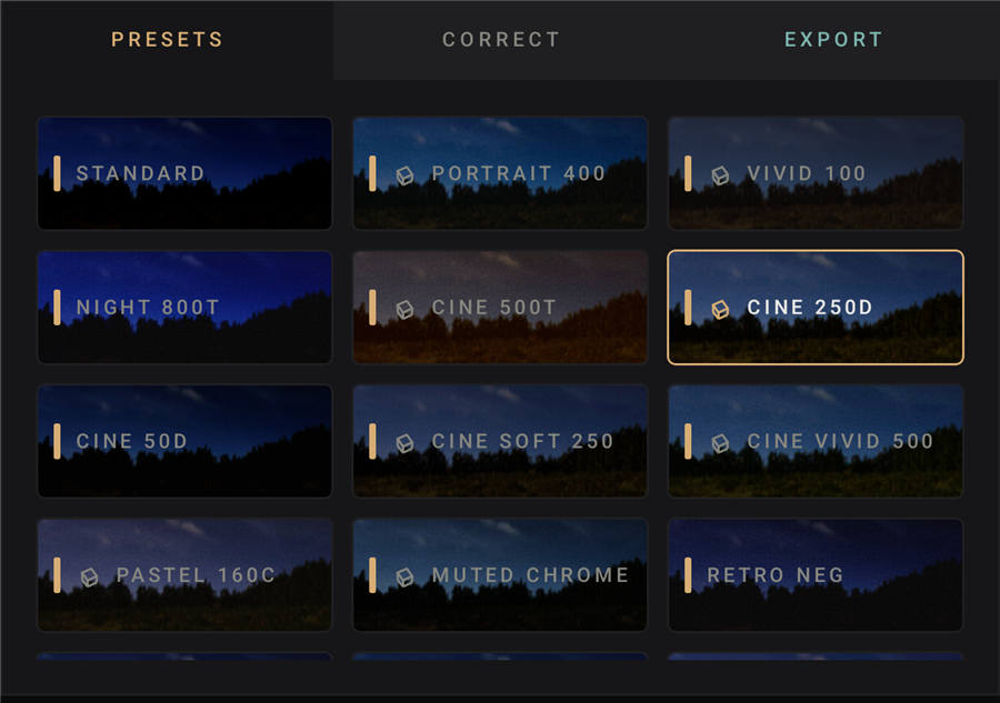 Preset strip with twelve live film simulation previews, Cine 250D selected