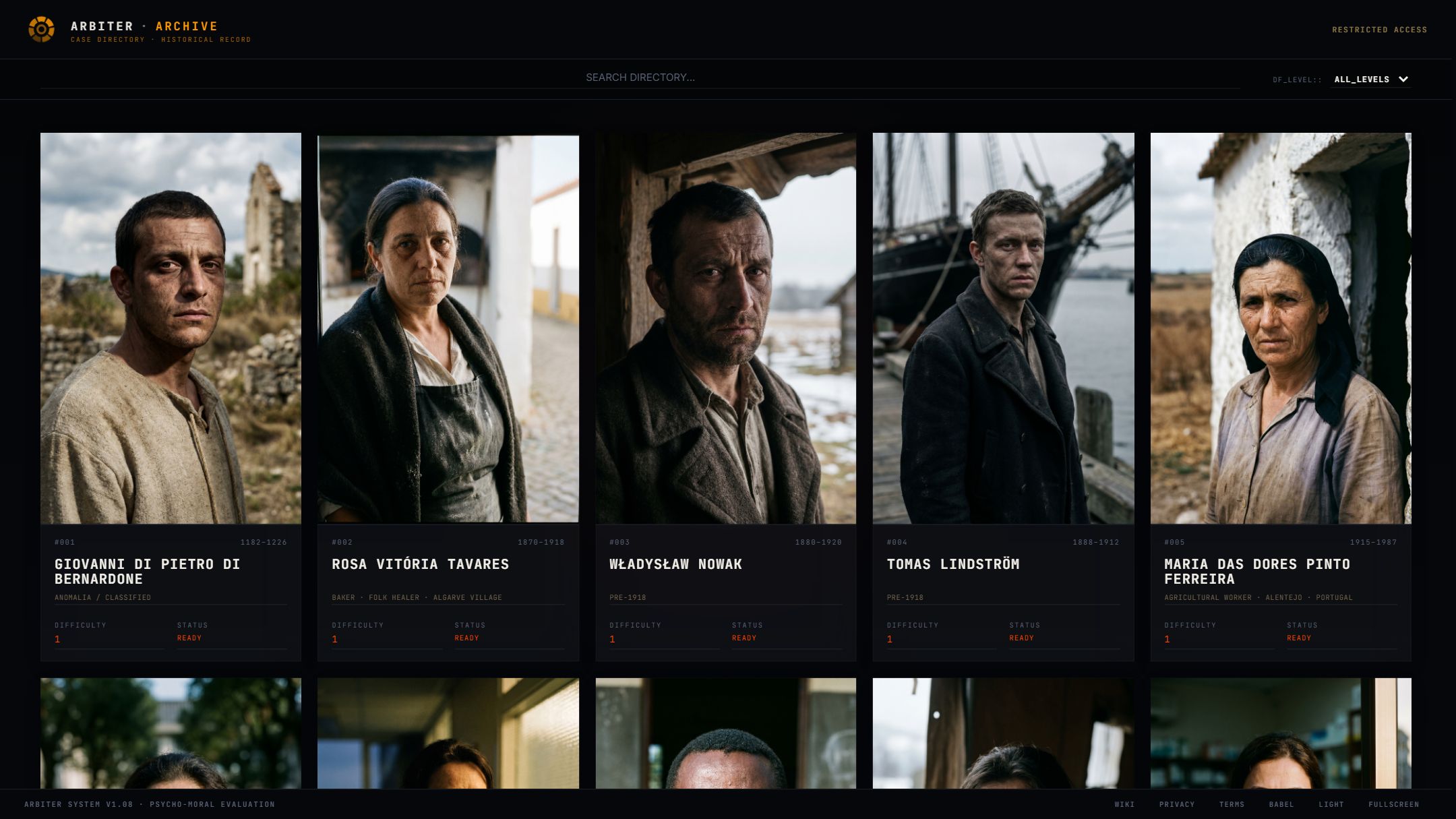 A grid of portrait photographs, each captioned with a case number, a name, dates, a trade and a difficulty rating.